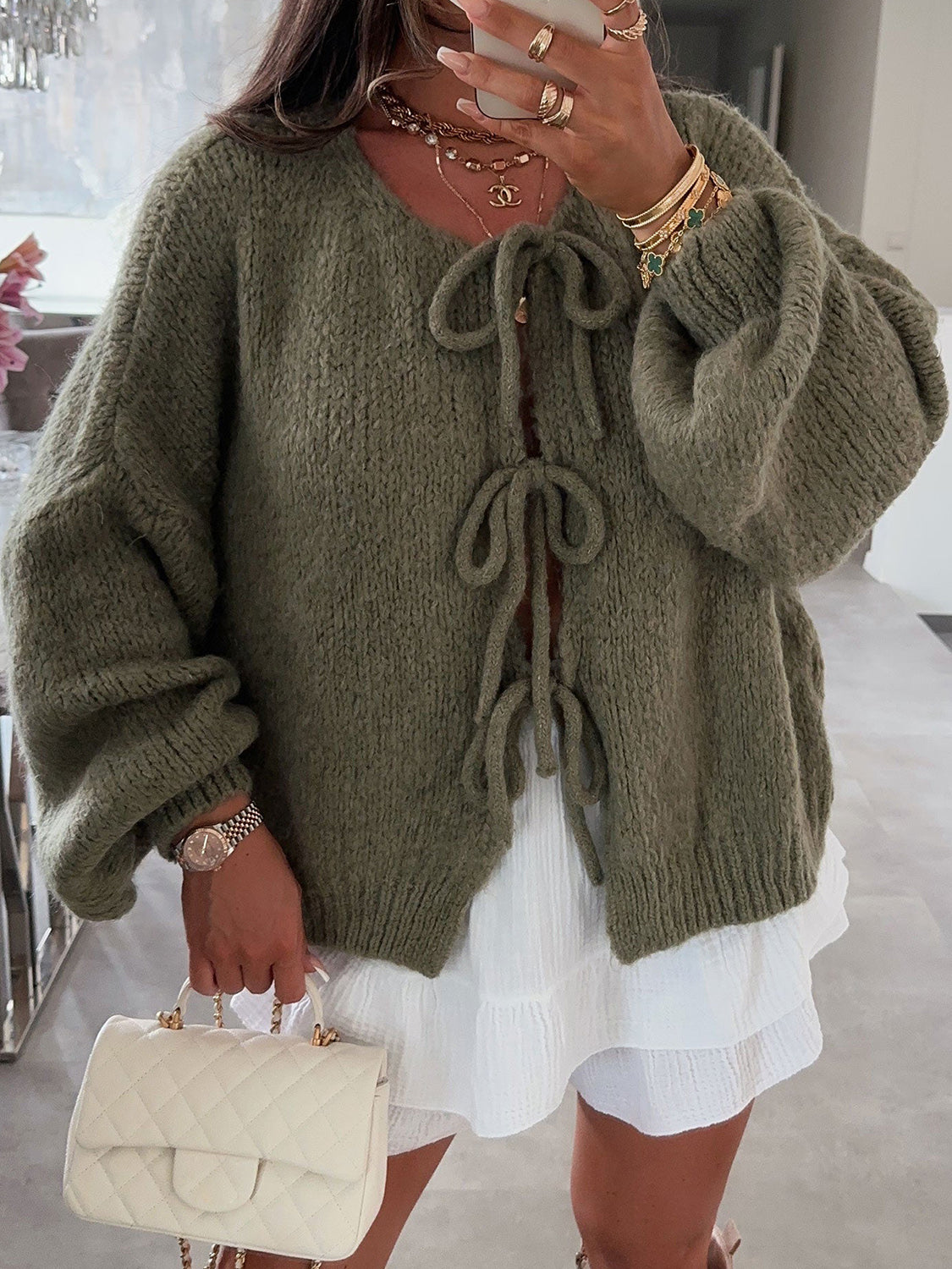 Tied Long Sleeve Dropped Shoulder Cardigan  Trendsi   