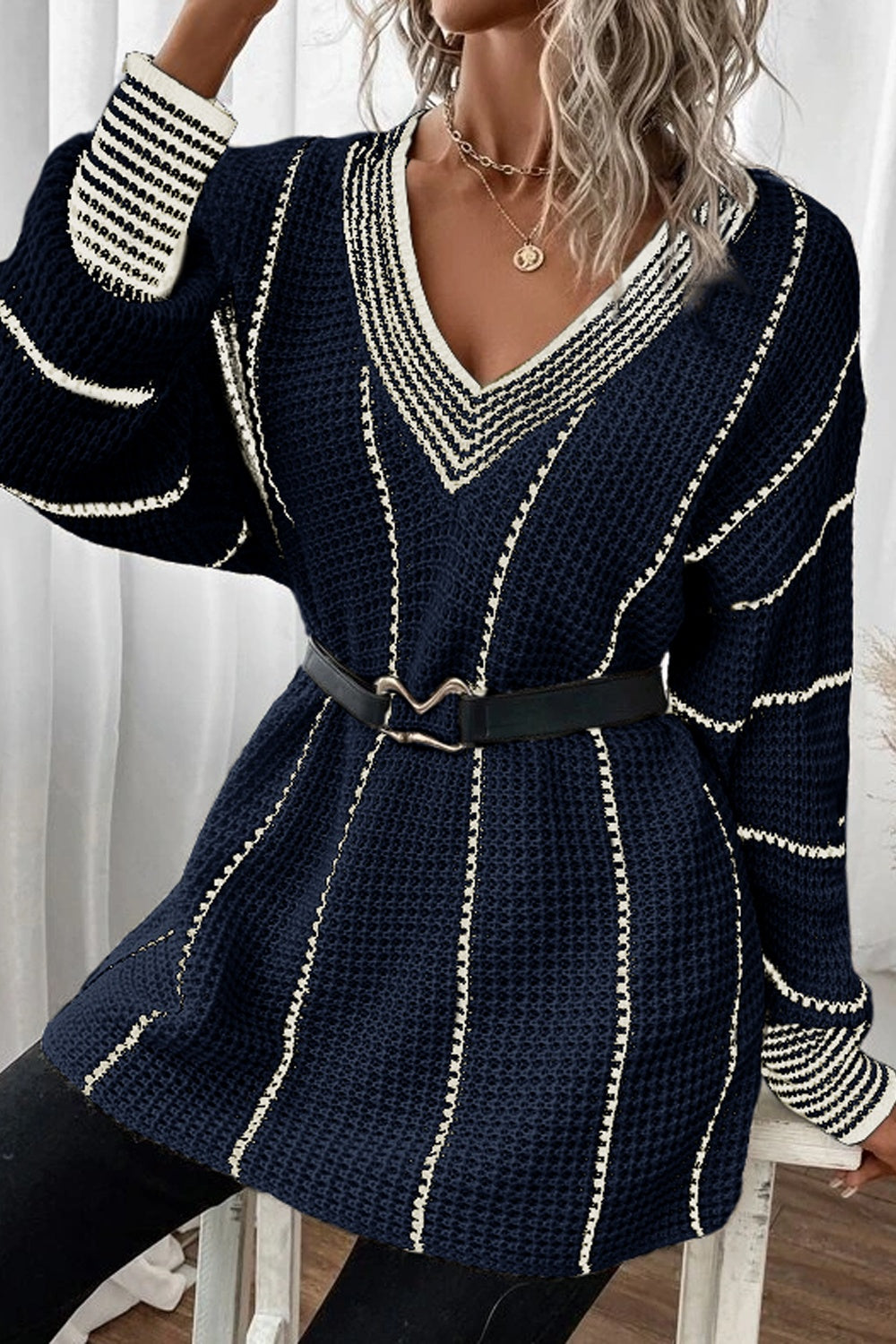 Striped V-Neck Dropped Shoulder Sweater  Trendsi   