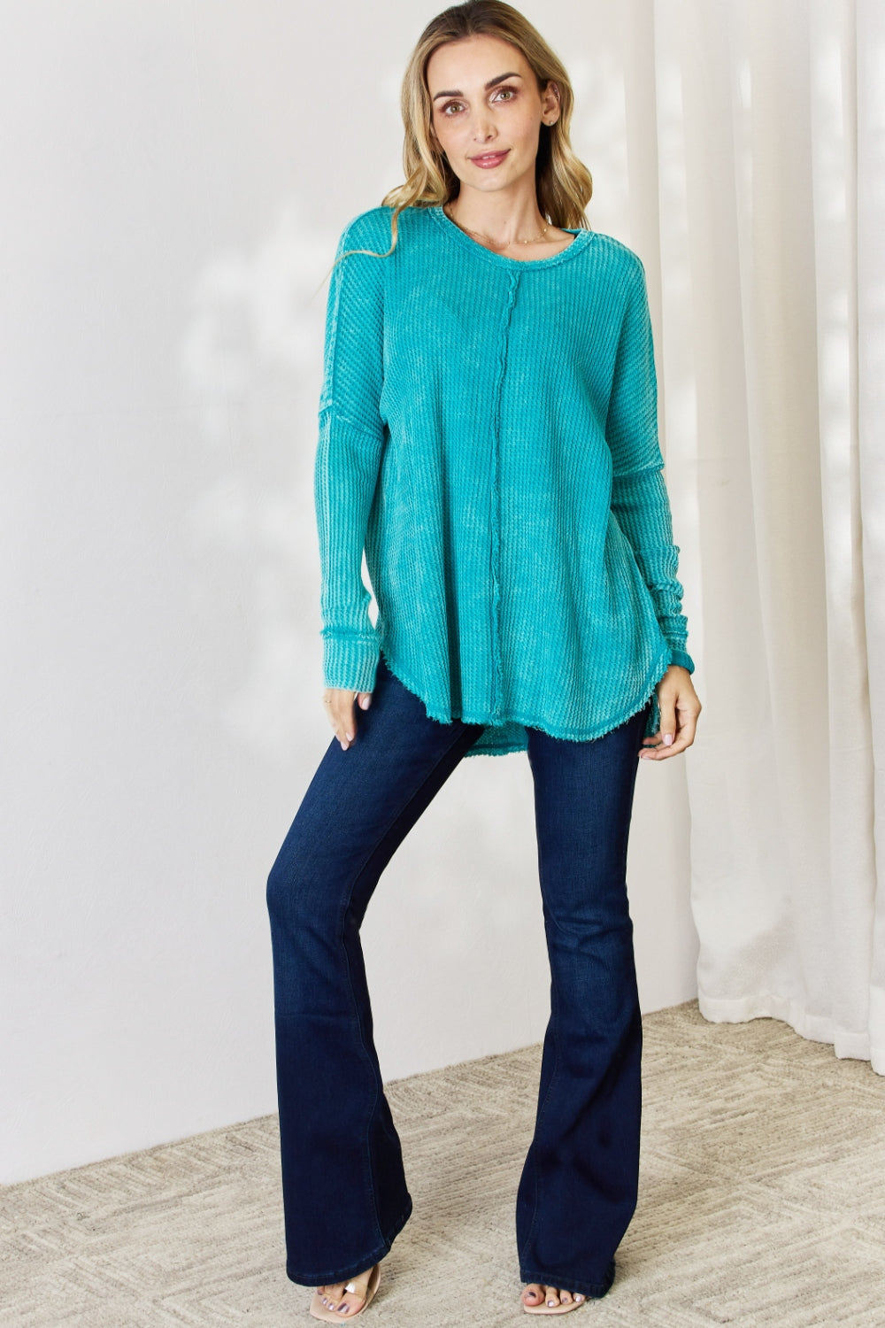 Zenana Oversized Washed Waffle Long Sleeve Top Blouse Trendsi   