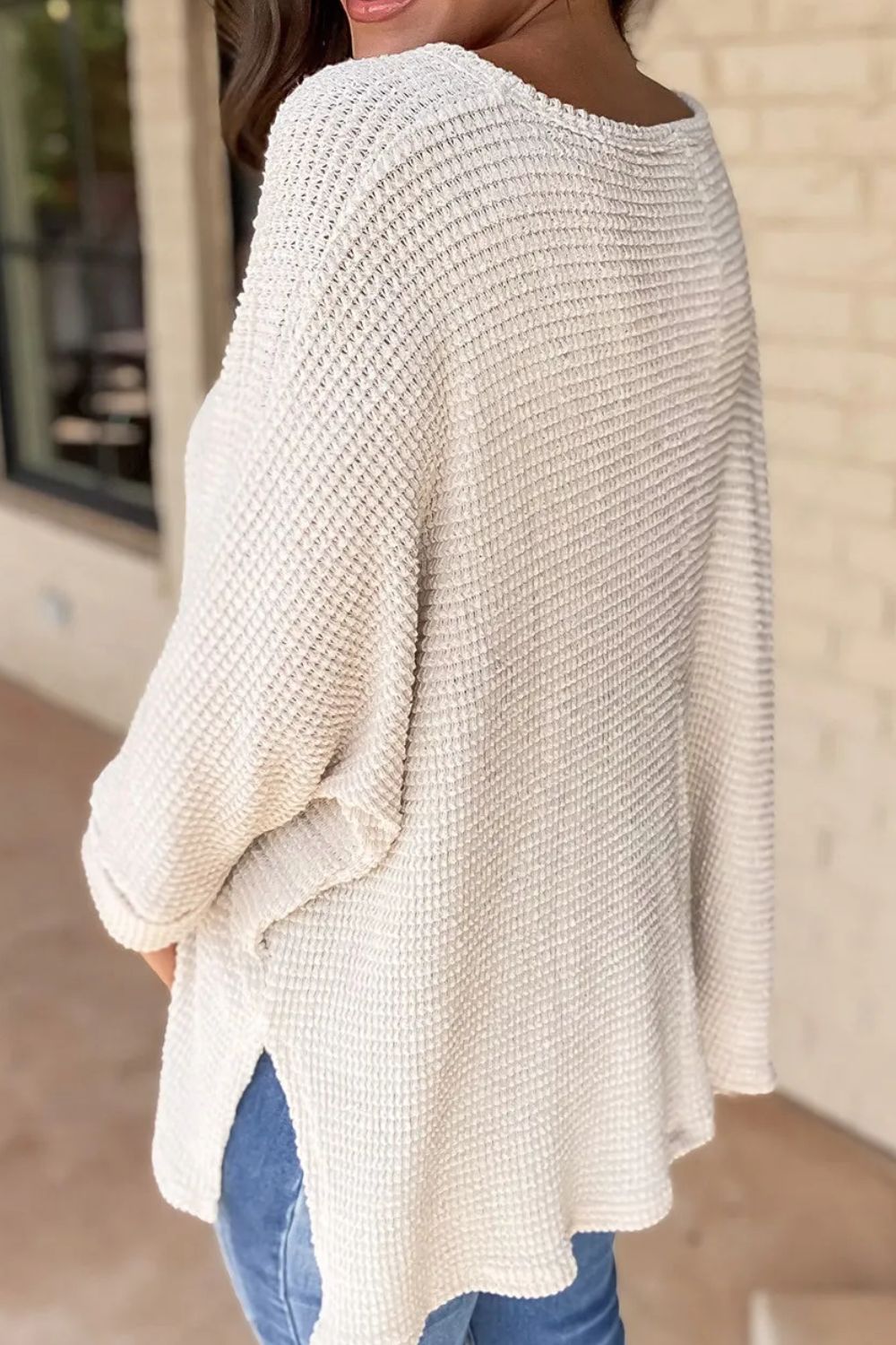 Waffle-Knit Slit V-Neck Long Sleeve Blouse Blouse Trendsi   