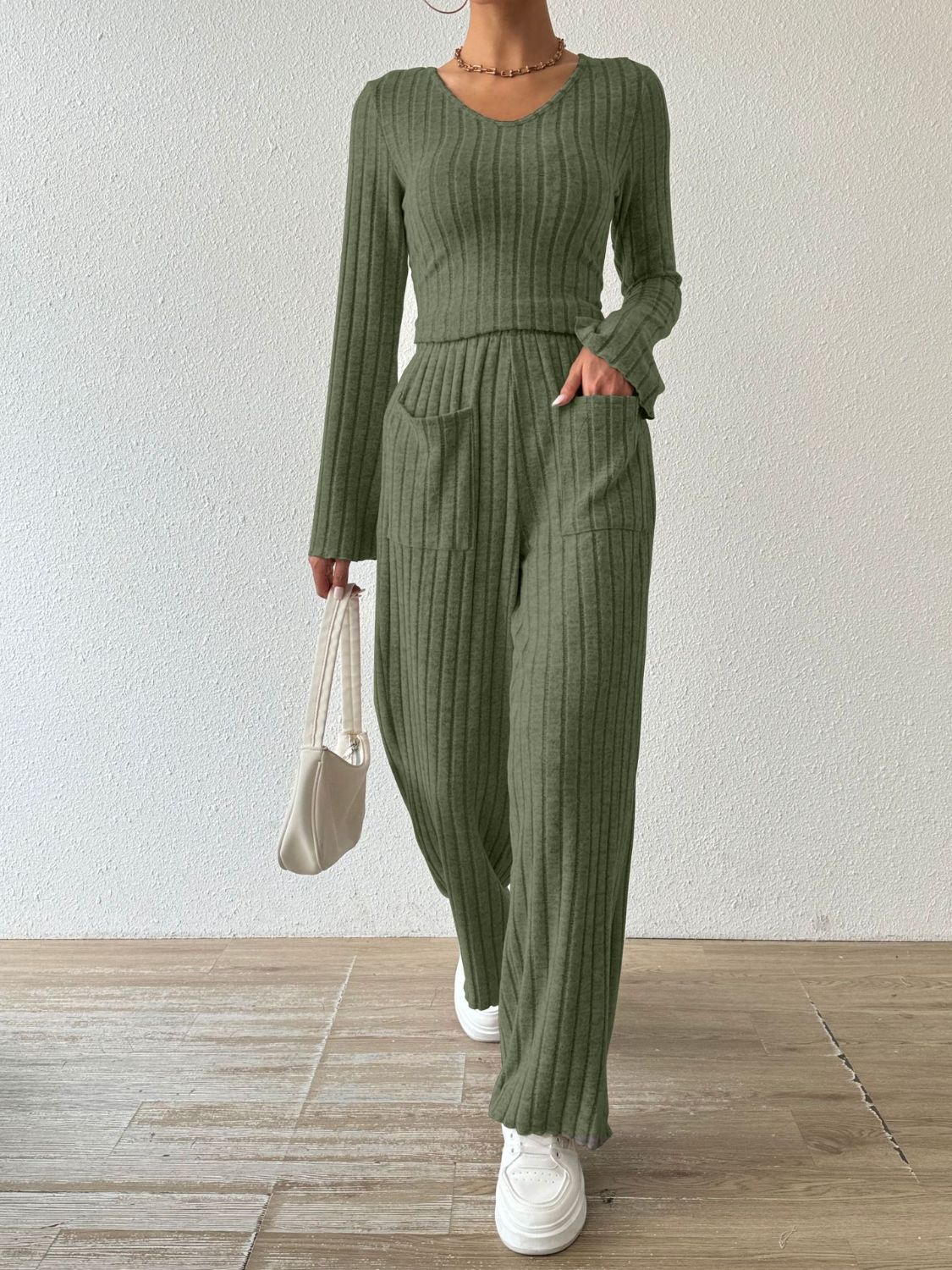 Ribbed V-Neck Long Sleeve Top and Pocketed Pants Set  Trendsi   