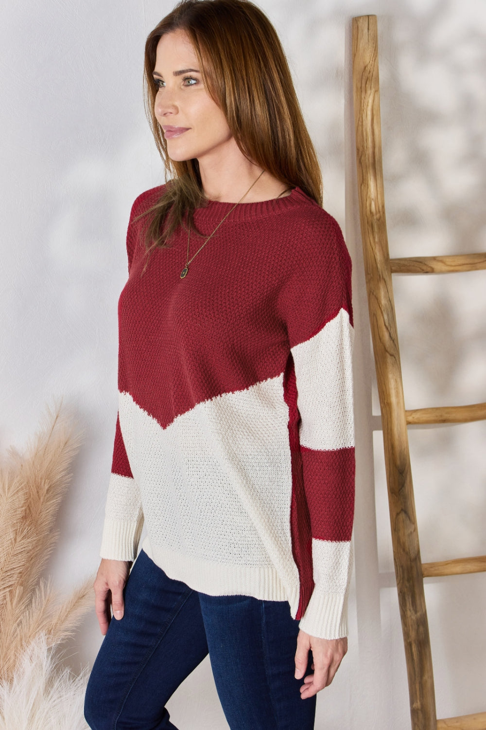 Hailey & Co Full Size Color Block Dropped Shoulder Knit Top  Trendsi   