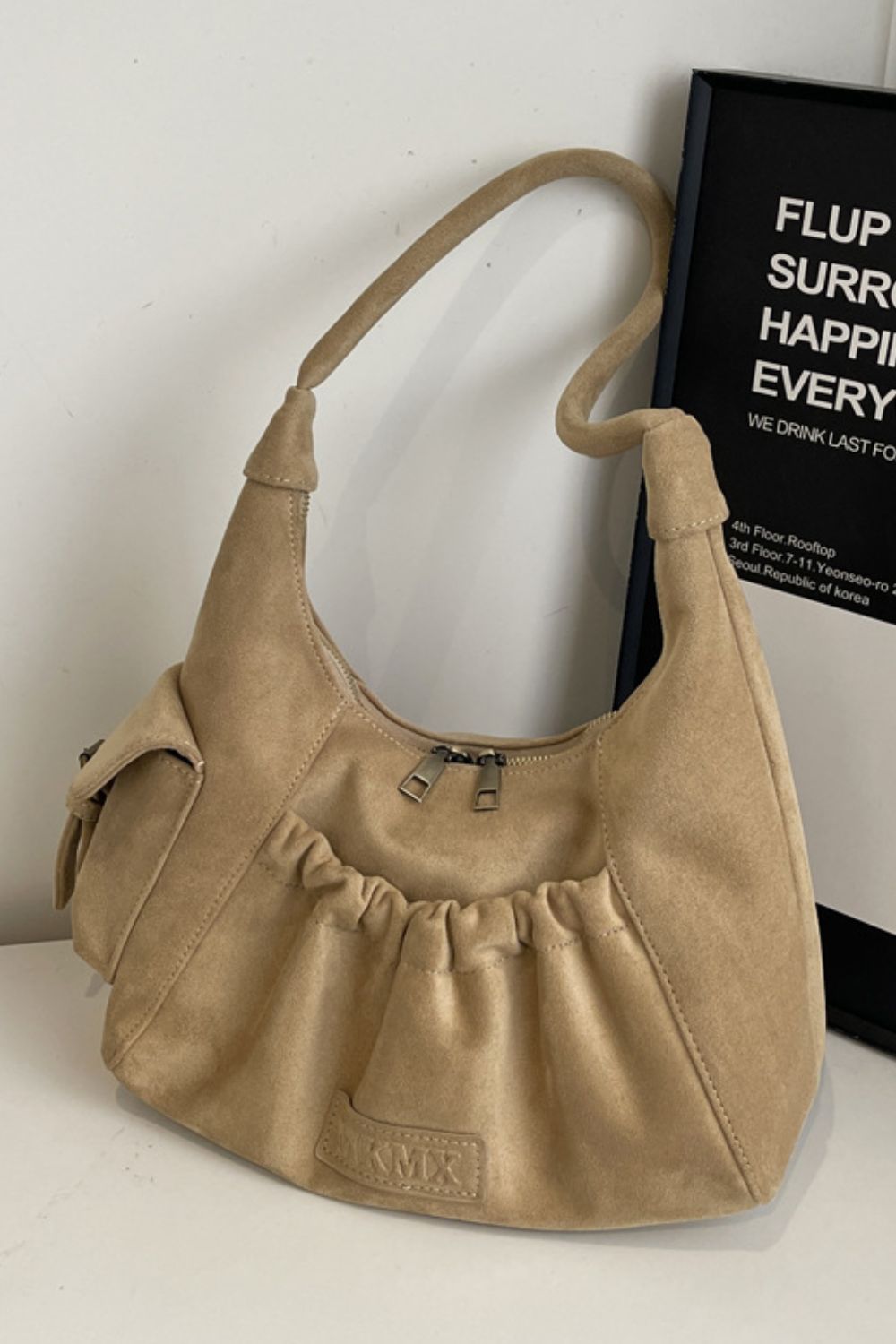 Ruched Suede Handbag with Zipper  Trendsi Khaki One Size 