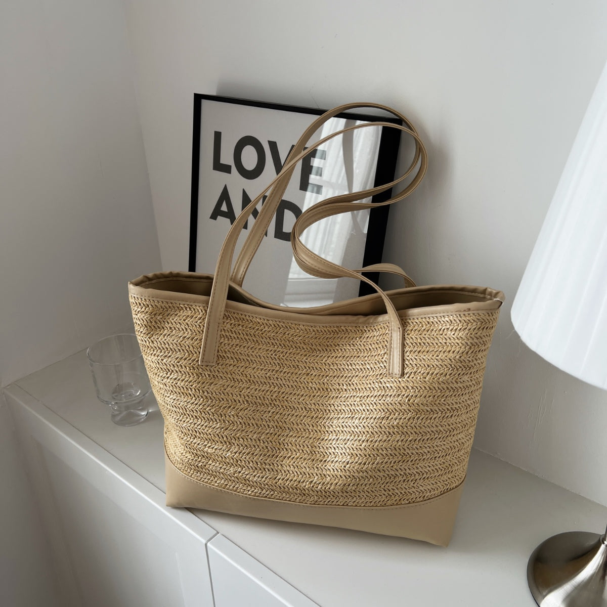 Straw Weave Leather Strap Tote Bag  Trendsi   