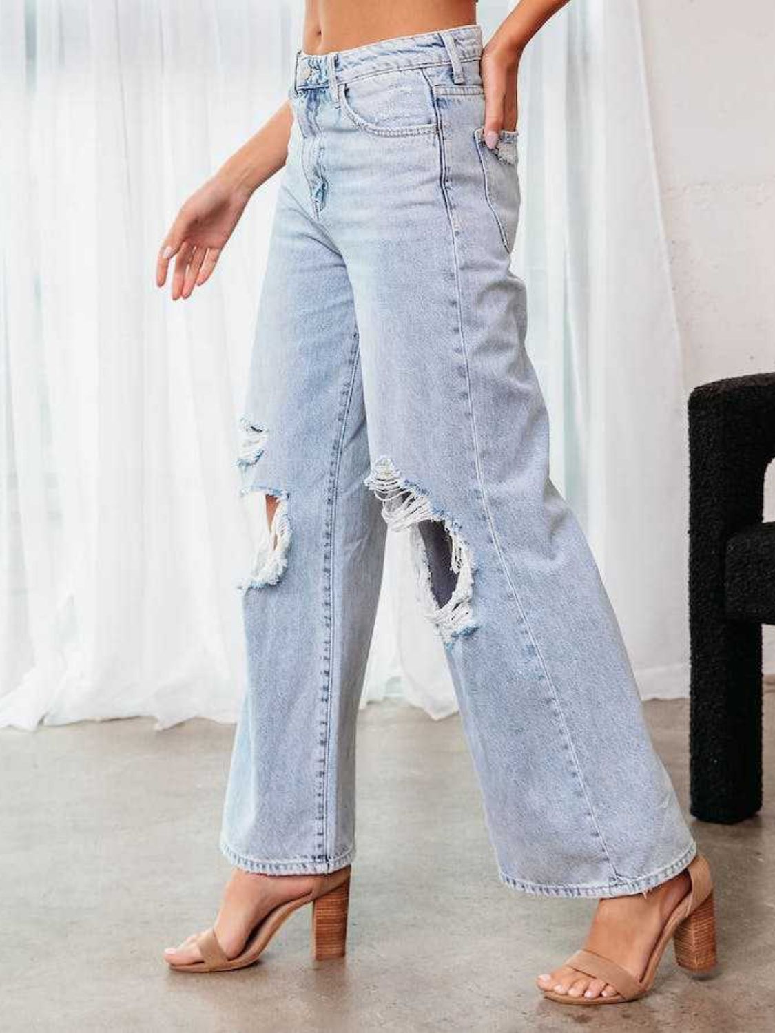 Distressed Wide Leg Jeans with Pockets  Trendsi   