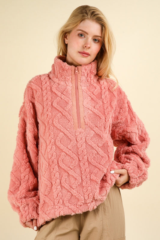 VERY J Fuzzy Fleece Half Zip Cable Pattern Sweatshirt Luxe Trendsi Blush S 