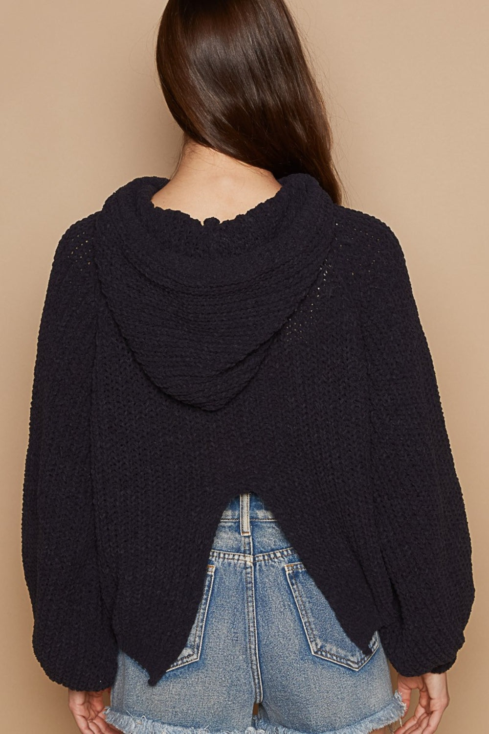 POL Back Open Slit Balloon Sleeve Crop Hooded Sweater  Trendsi   