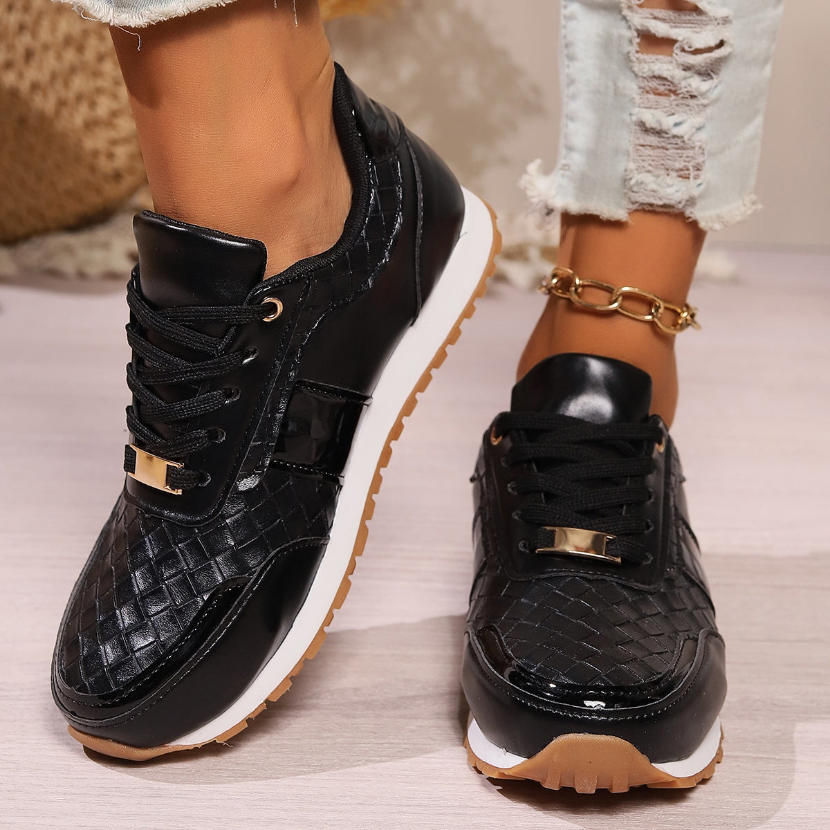 Lace-Up PU Leather Sneakers  Trendsi Black 36(US5) 