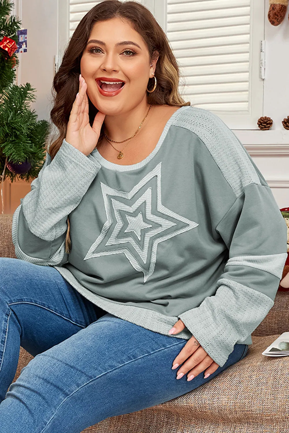 Plus Size Star Round Neck Long Sleeve Top Blouse Trendsi   