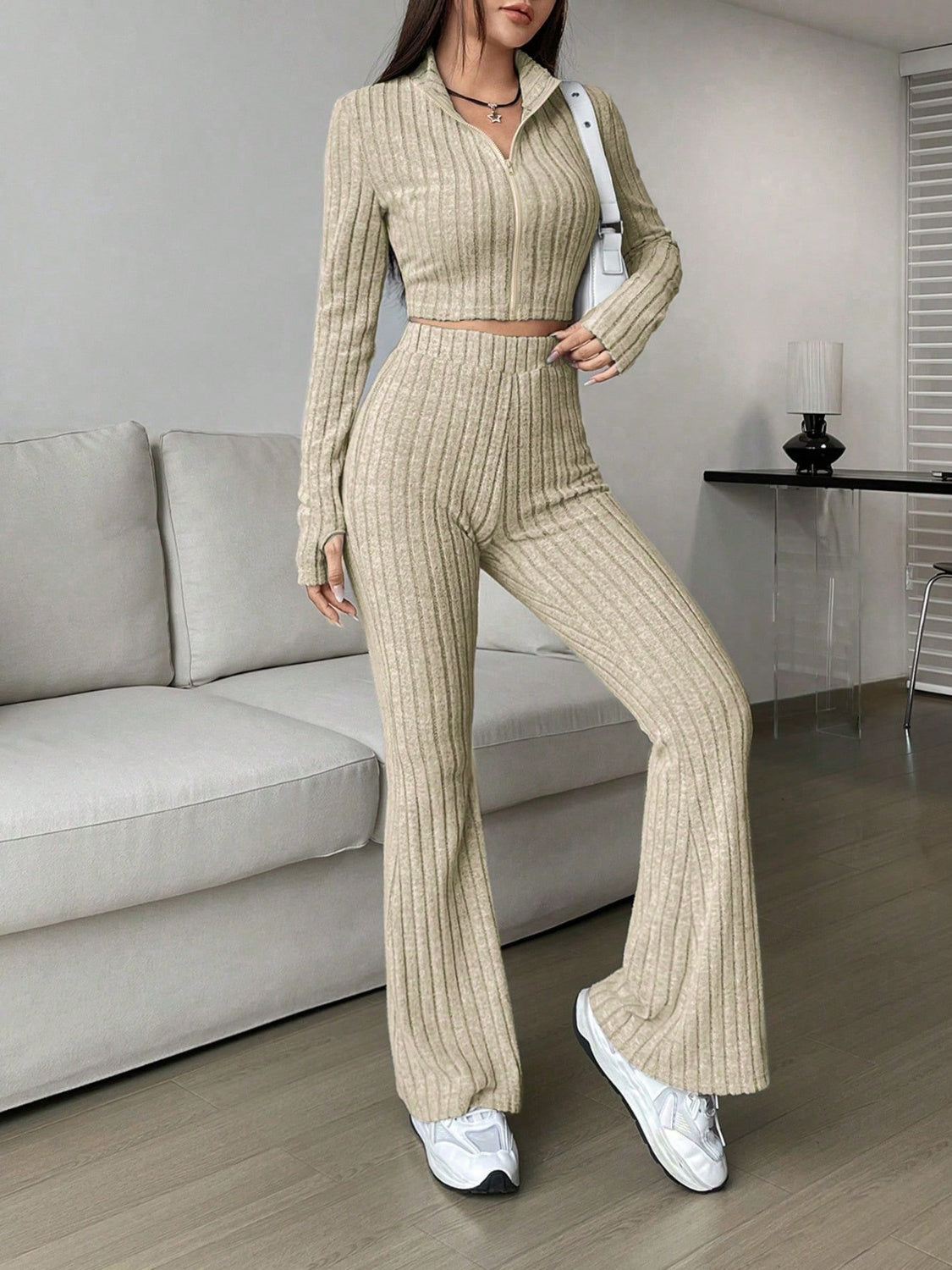 Honey Zip Up Long Sleeve Top and Pants Set  Trendsi   