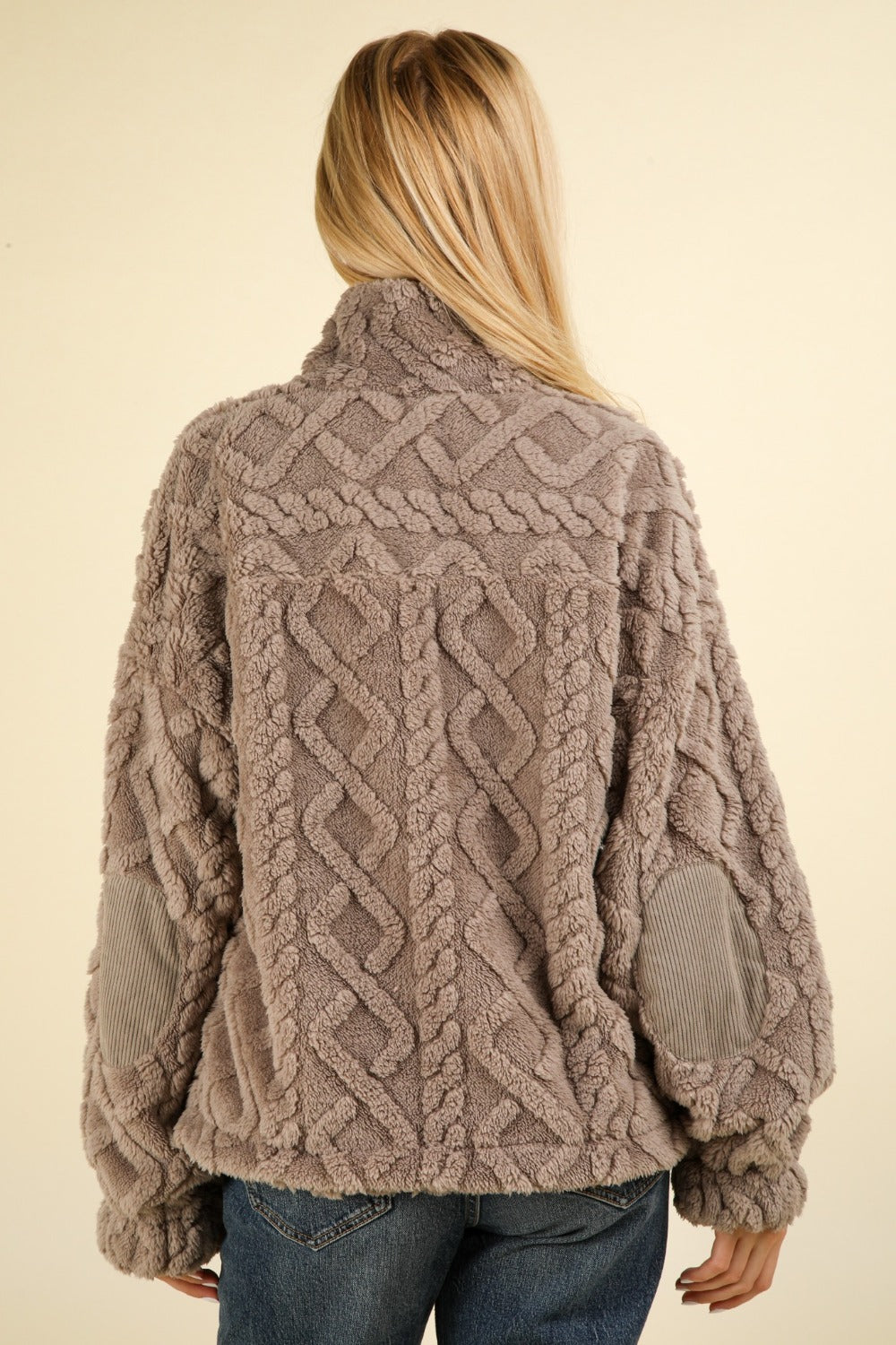 VERY J Fuzzy Fleece Half Zip Cable Pattern Sweatshirt Luxe Trendsi   