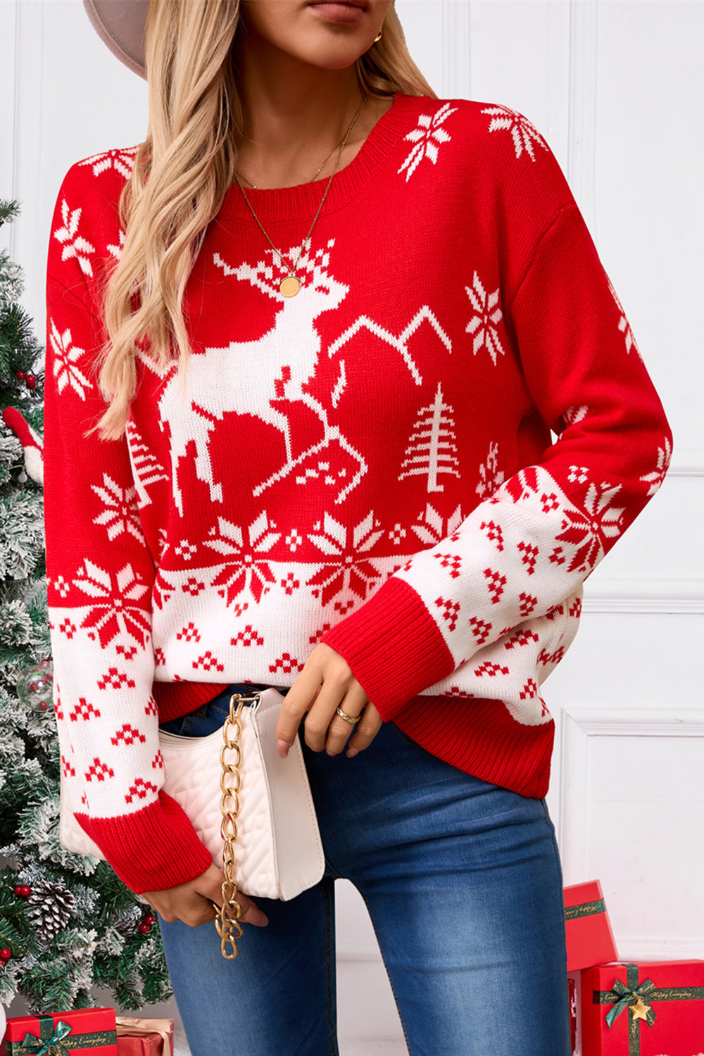 Angel Wings Deer Pattern Round Neck Long Sleeve Sweater  Trendsi   