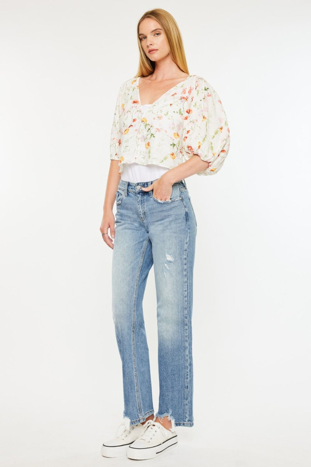 Kancan Mid Rise Frayed Hem Straight Jeans  Trendsi   