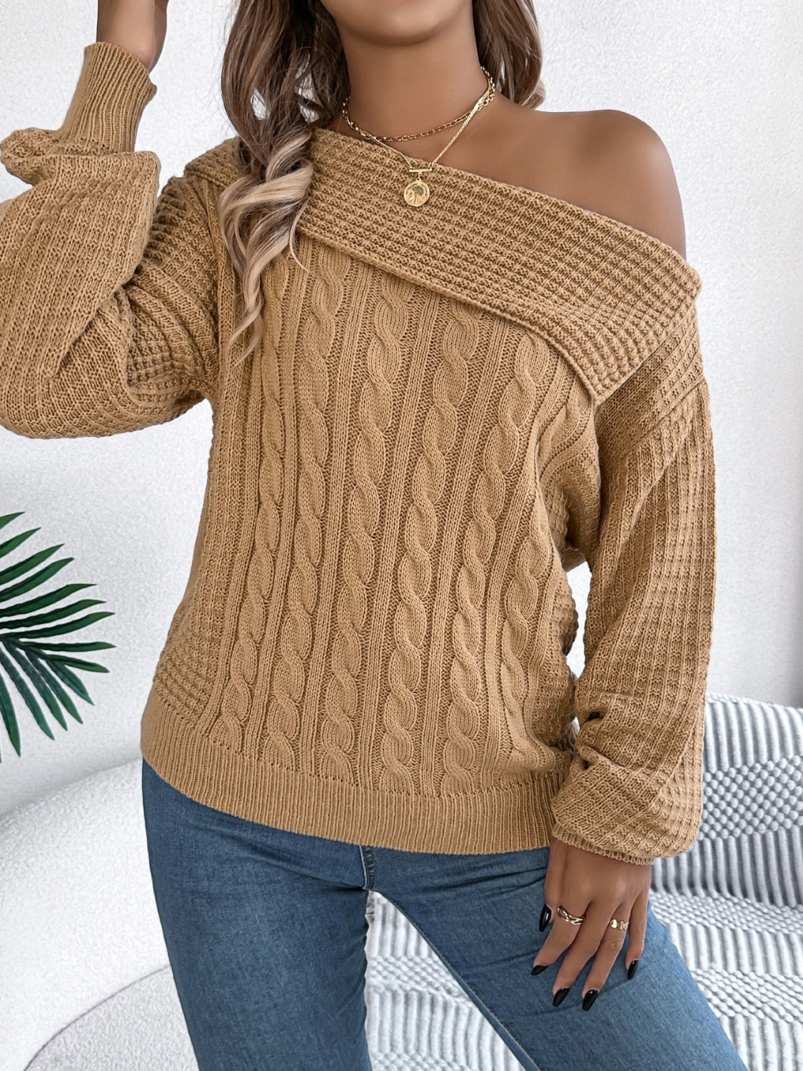 Cable-Knit One Shoulder Long Sleeve Sweater  Trendsi   