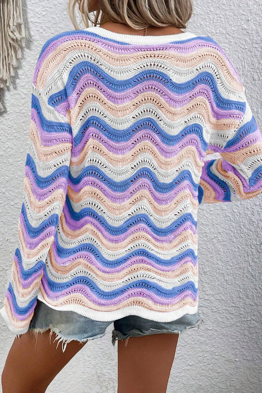 Contrast Wave Stripe Long Sleeve Sweater  Trendsi   