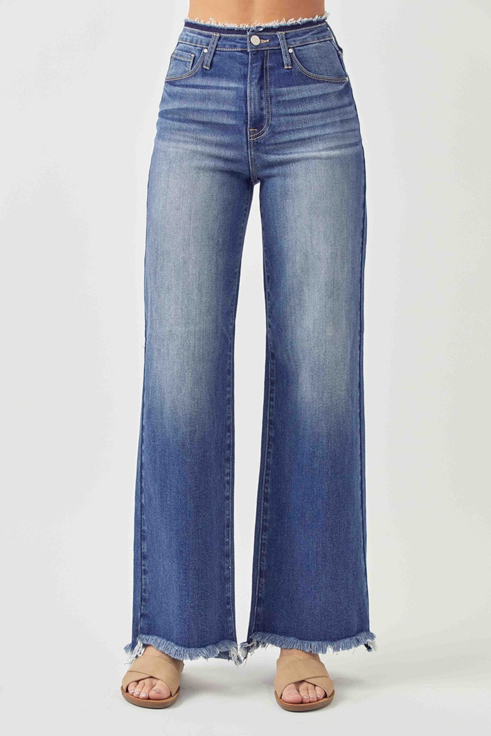 RISEN High Waist Raw Hem Wide Leg Jeans  Trendsi   