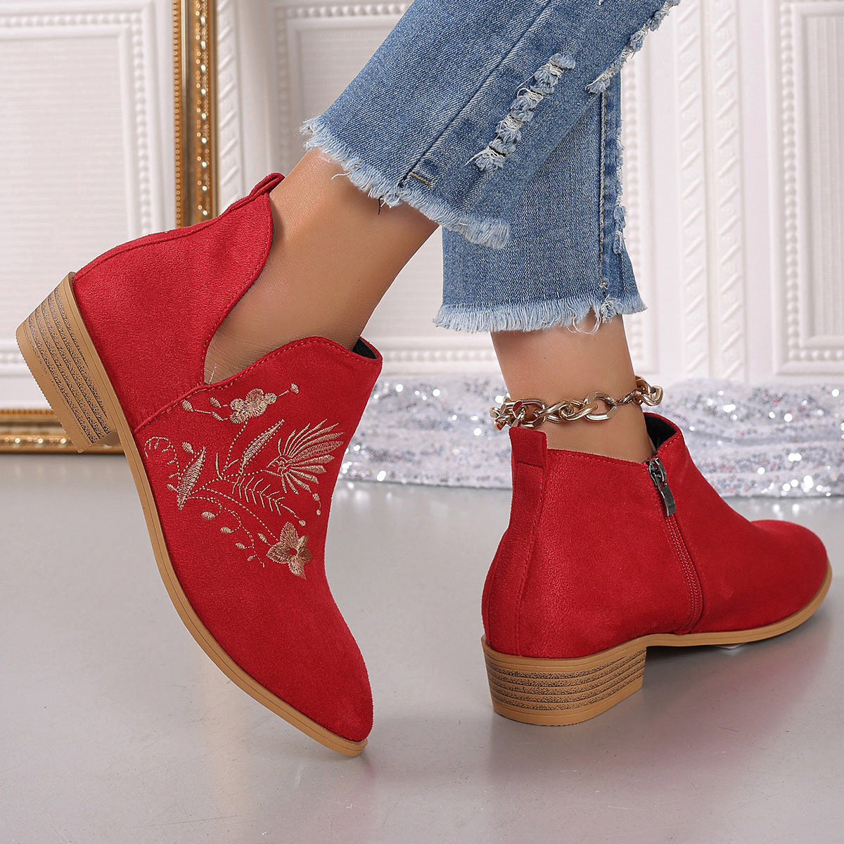 Embroidered Suede Point Toe Block Heel Boots  Trendsi   