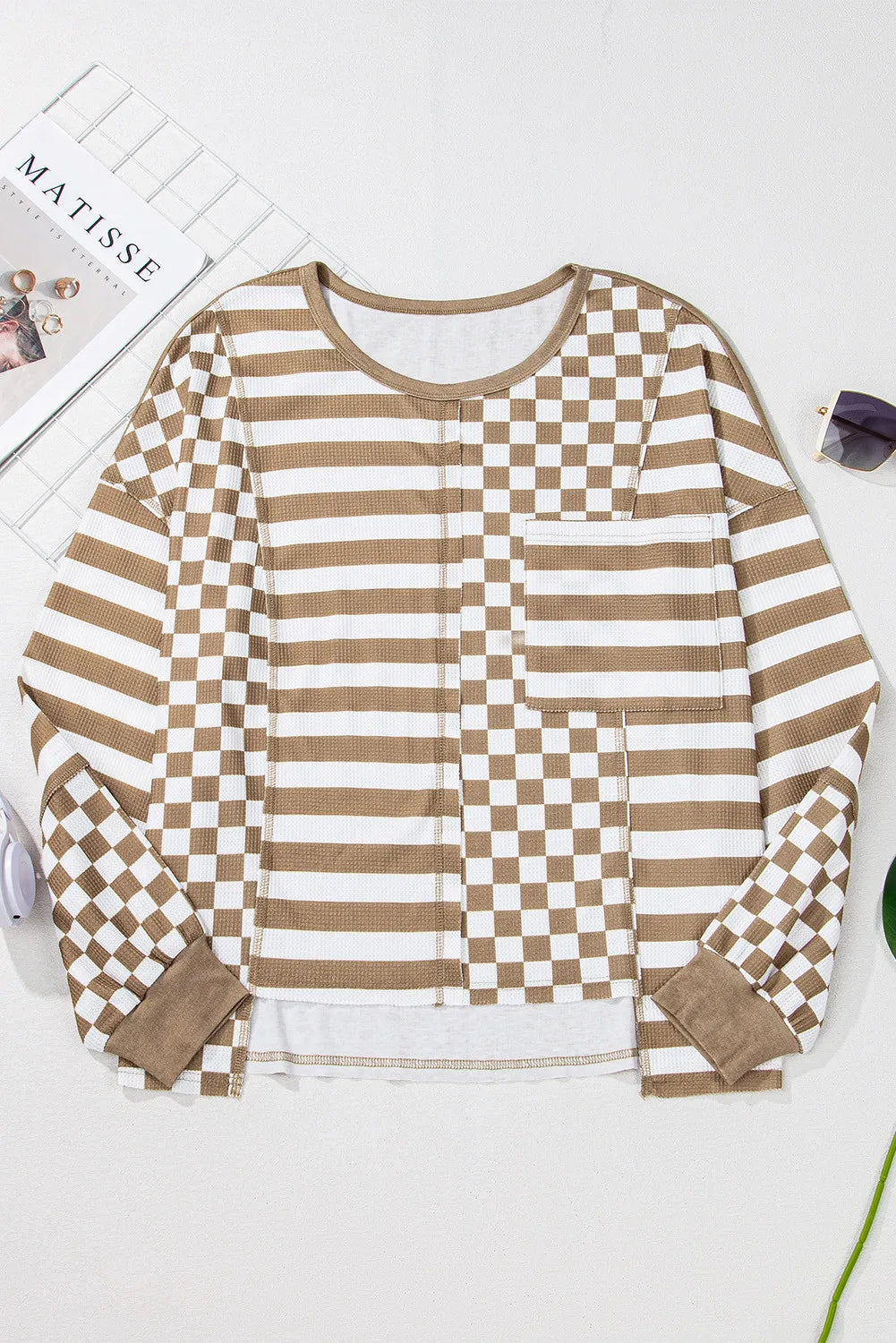 Checker & Stripes Round Neck Long Sleeve Blouse  Trendsi   