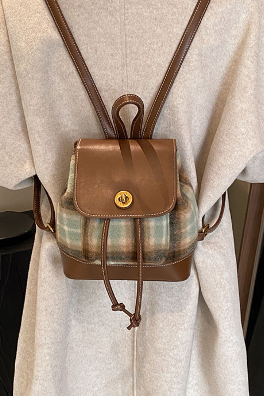 PU Leather Drawstring Plaid Backpack Bag  Trendsi   