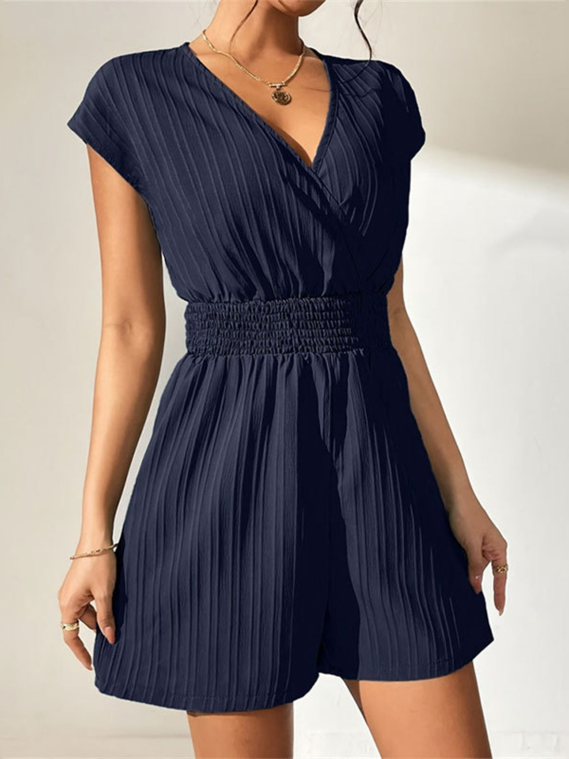 Tied Surplice Short Sleeve Romper  Trendsi Navy S 