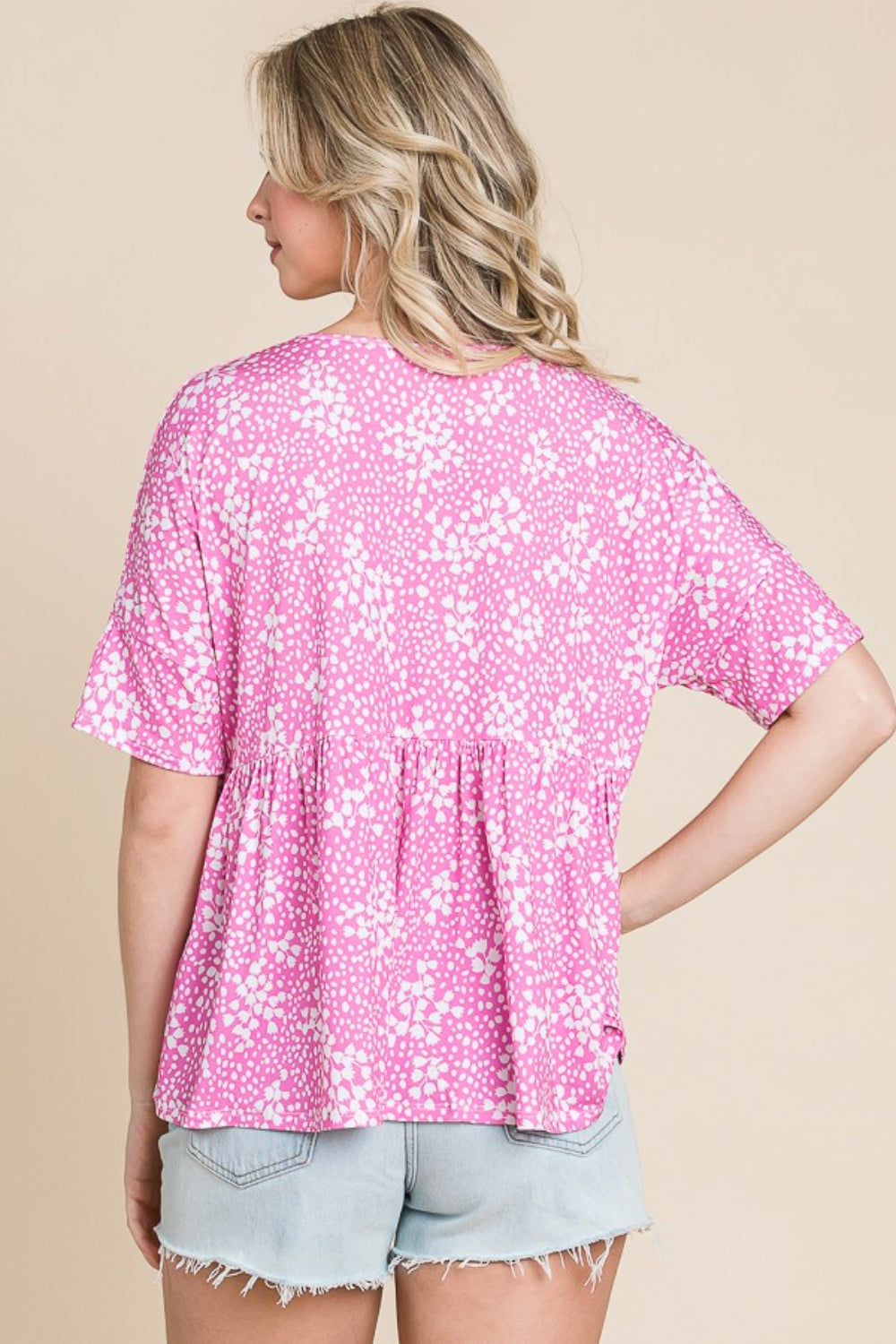 BOMBOM Floral Round Neck Peplum Blouse  Trendsi   