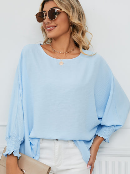 Smocked Lantern Sleeve Round Neck Blouse Blouse Trendsi   