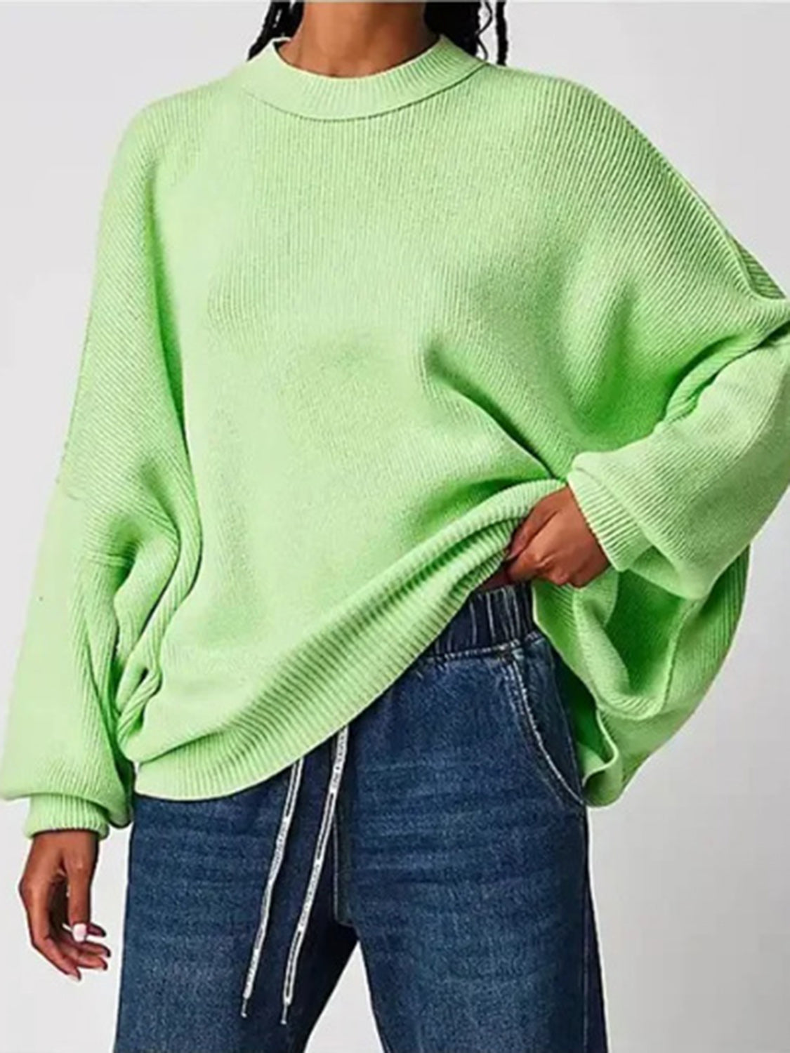 Round Neck Long Sleeve Sweater  Trendsi Neon Green S 