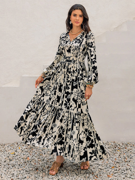 Smocked Printed Tie Neck Long Sleeve Dress Dress Trendsi Black/White S 