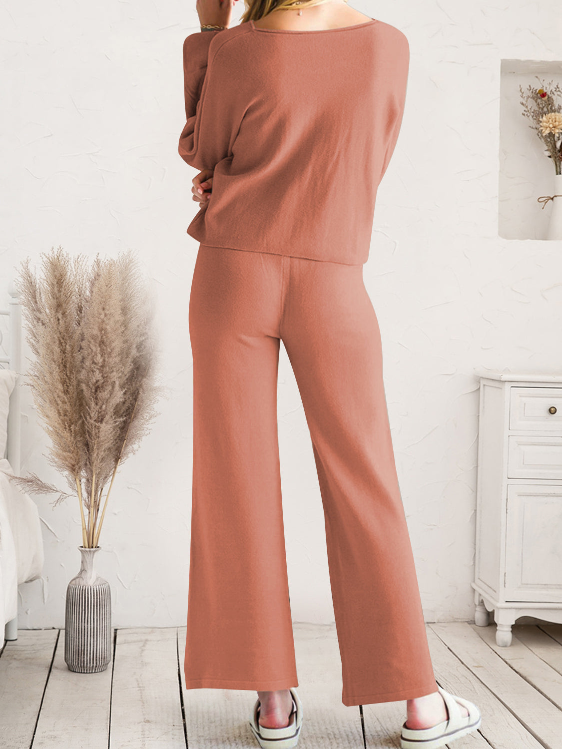 Long Sleeve Lounge Top and Drawstring Pants Set  Trendsi   