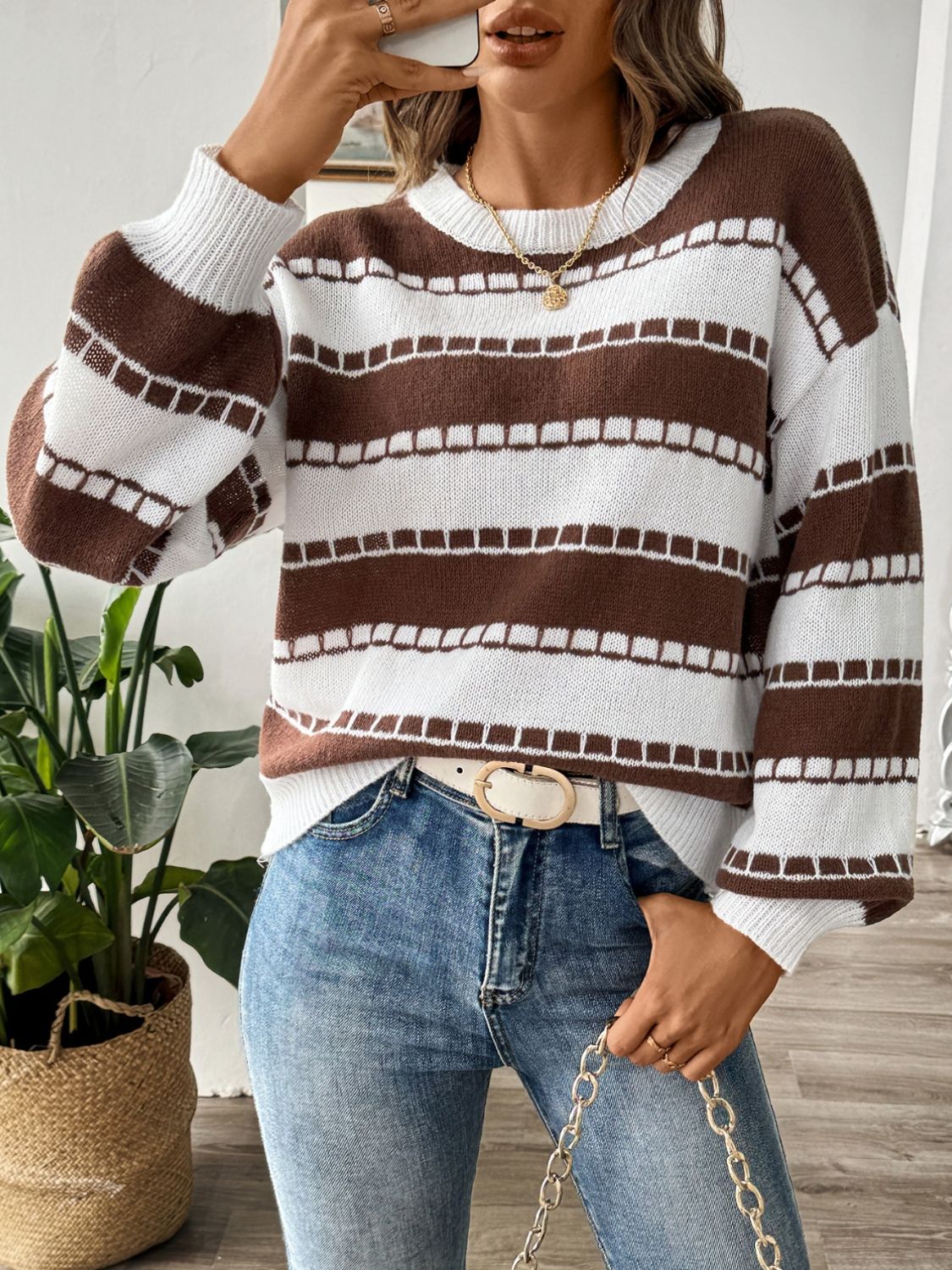 Striped Round Neck Long Sleeve Sweater  Trendsi   