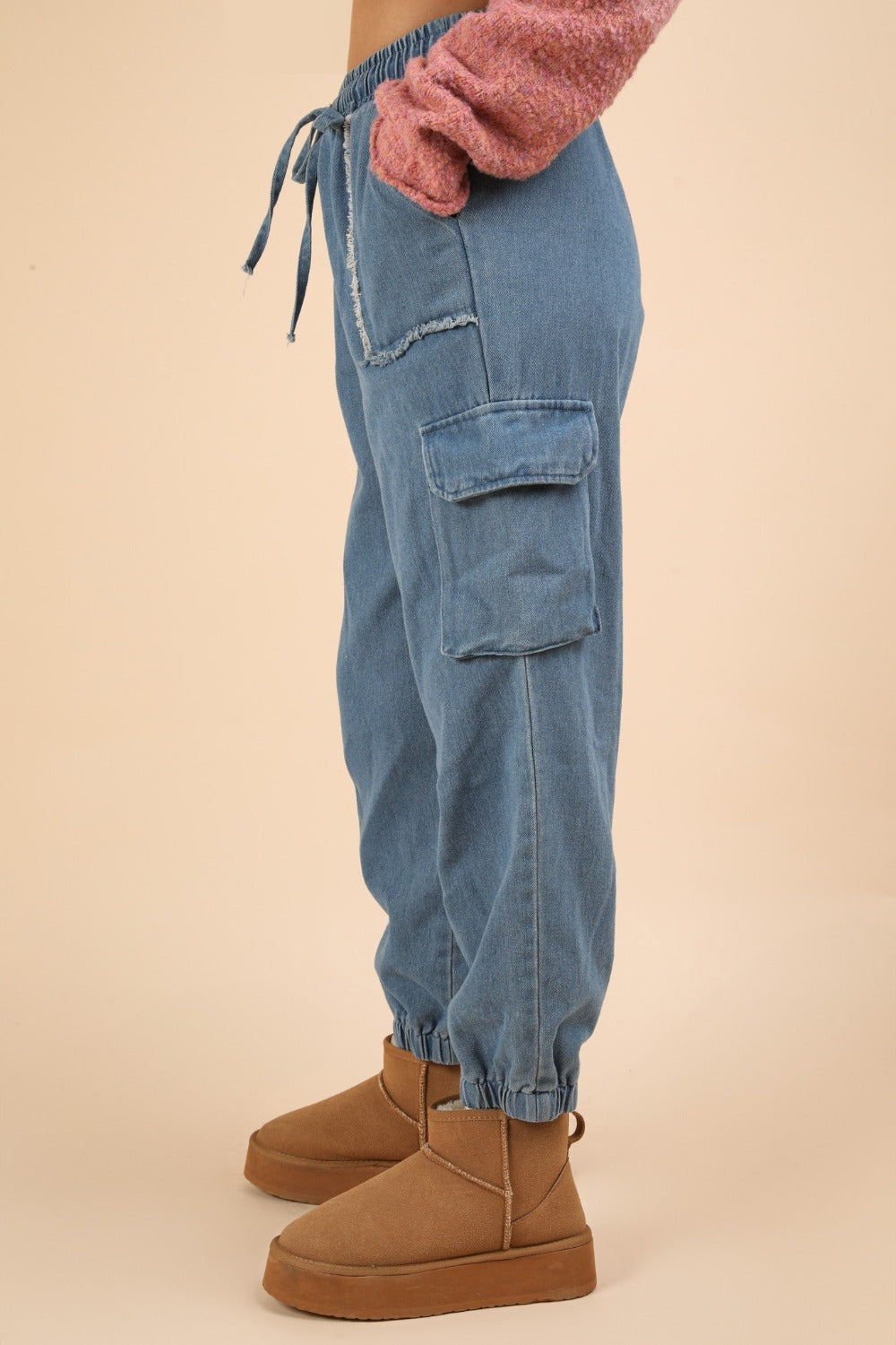 VERY J Washed Drawstring Jogger Cargo Jeans Luxe Trendsi   