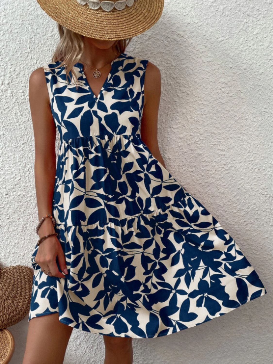 Printed Notched Sleeveless Mini Dress Dress Trendsi   