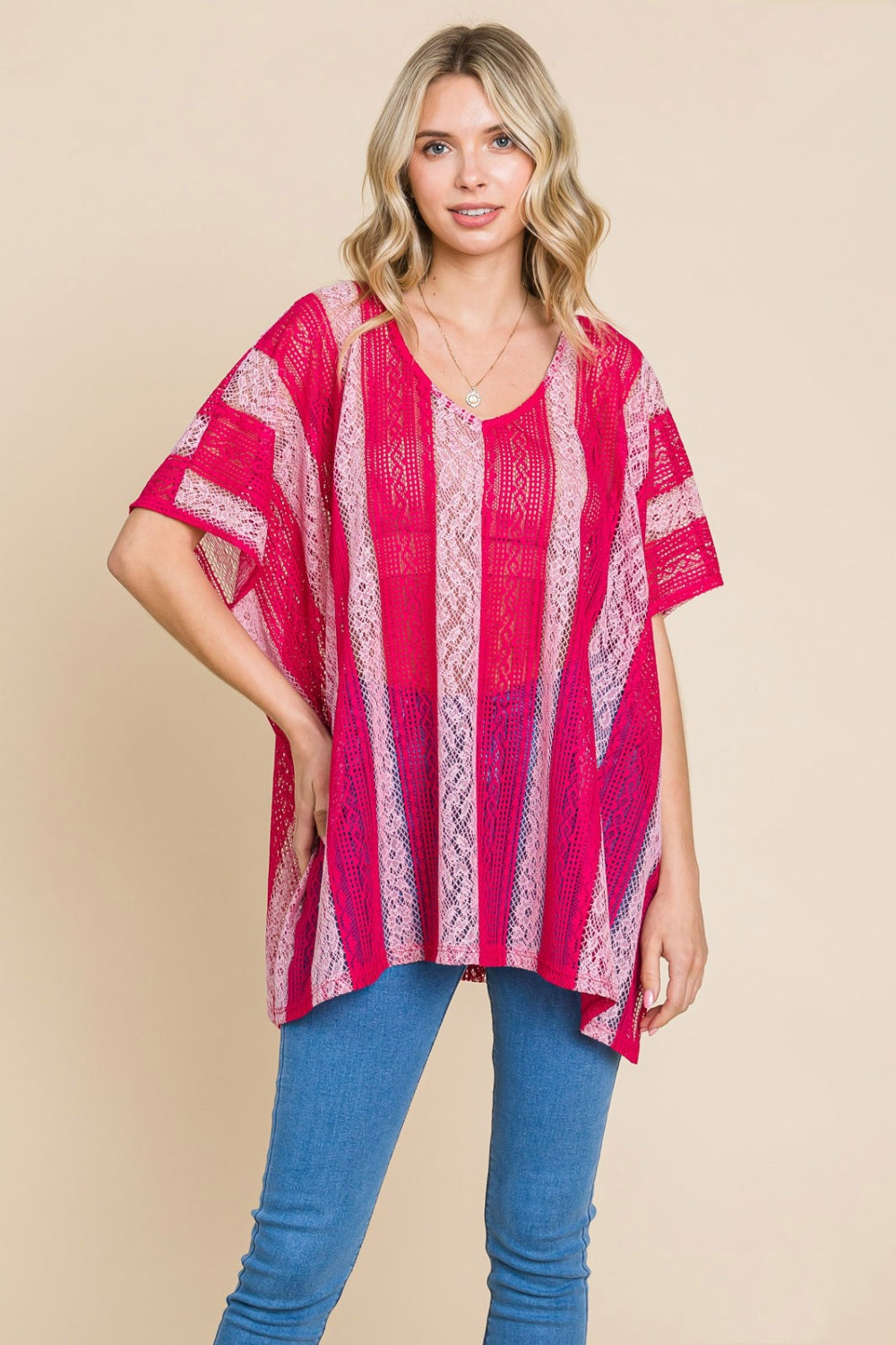 Cotton Bleu by Nu Label V Neck Drop Shoulder Oversize Top  Trendsi Fuchsia S 