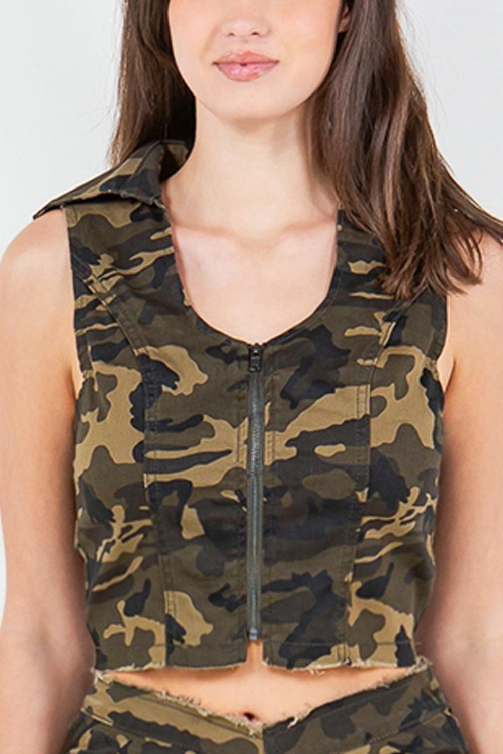 American Bazi Zip Up Camo Crop Denim Vest  Trendsi   