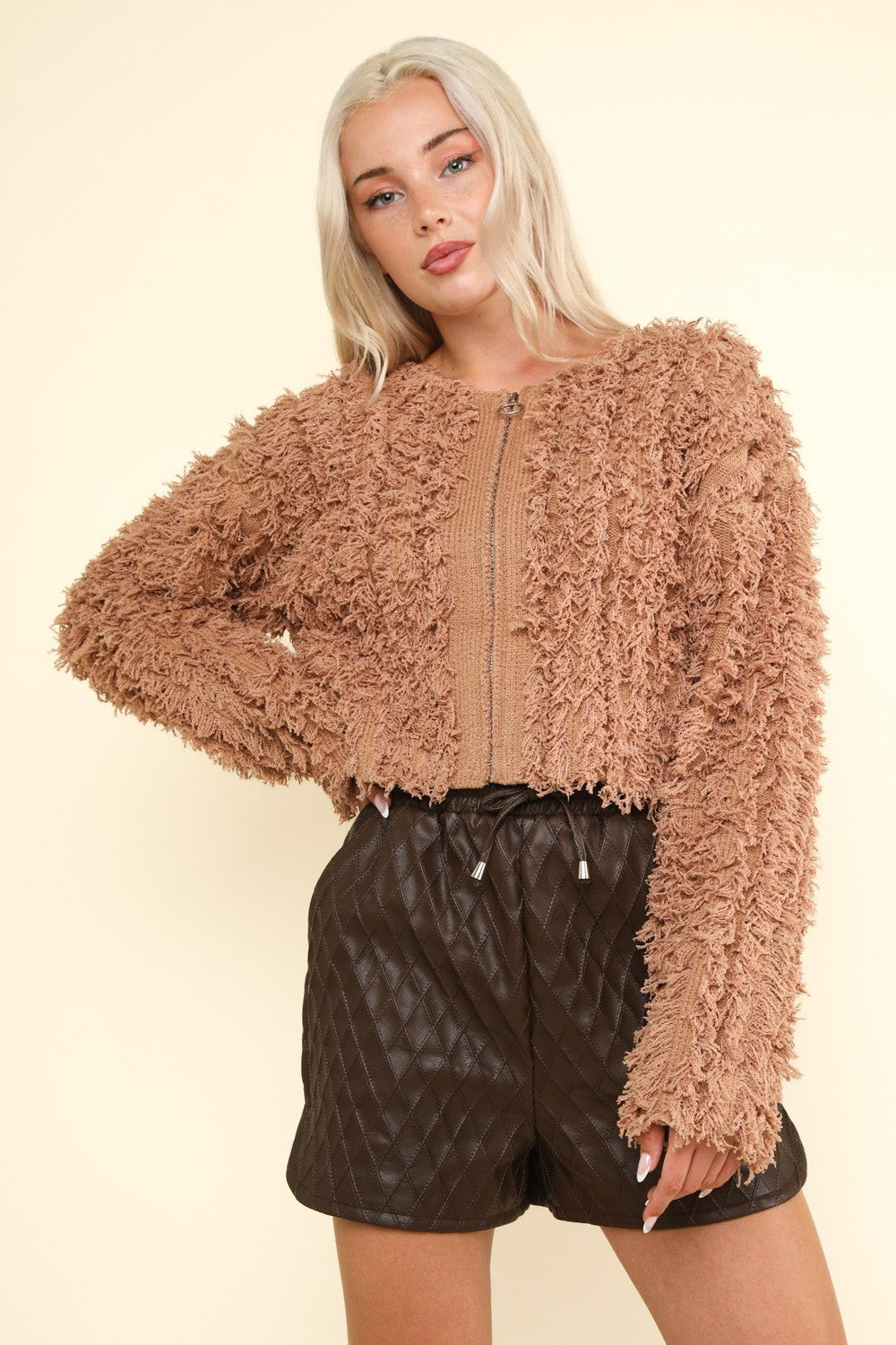 VERY J Shaggy Yarn Knit Zip Up Jacket Luxe Trendsi   