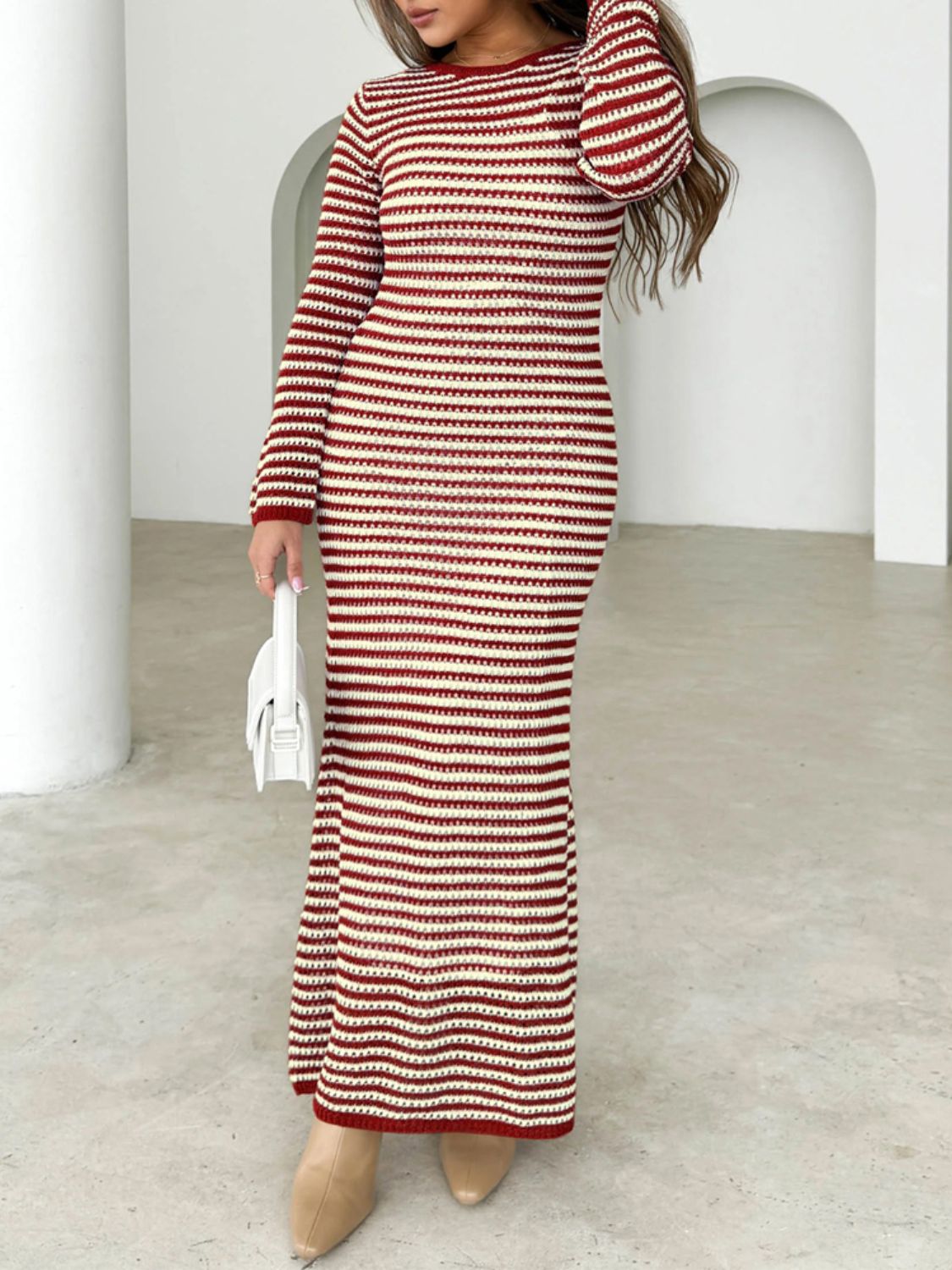 Devine Tied Round Neck Striped Sweater Dress  Trendsi Terracotta S 