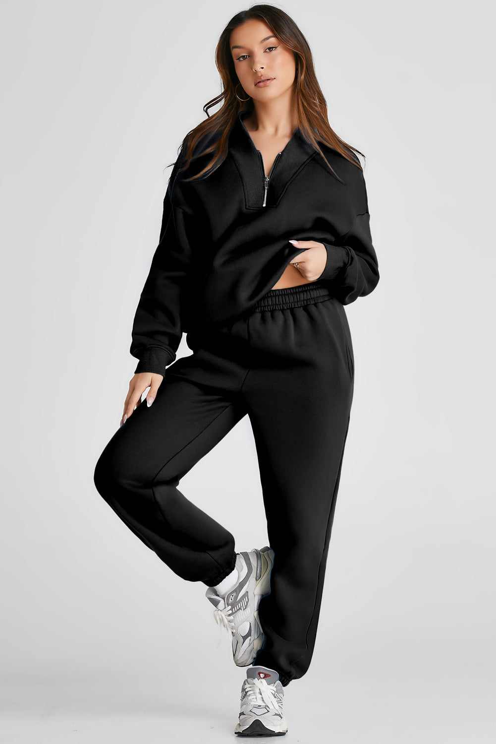 Quarter Zip Long Sleeve Top and Pants Set  Trendsi   