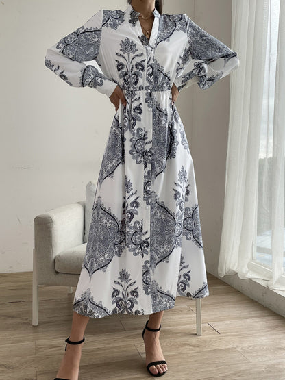 Printed Notched Lantern Sleeve Midi Dress  Trendsi   