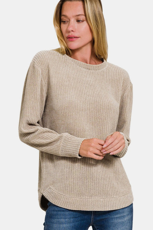 Zenana Chenille Waffle Round Neck Sweater  Trendsi Ash Mocha S 