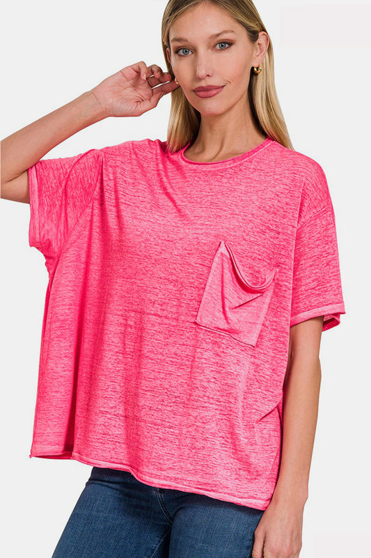 Zenana Pocketed Round Neck Dropped Shoulder T-Shirt  Trendsi FUCHSIA S/M 