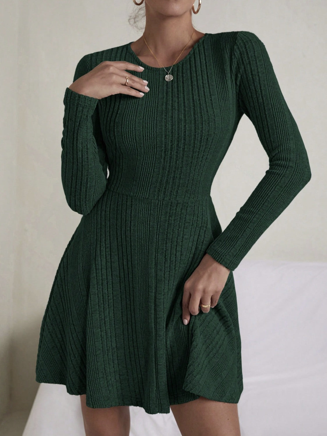 Textured Round Neck Long Sleeve Dress  Trendsi Black Forest S 