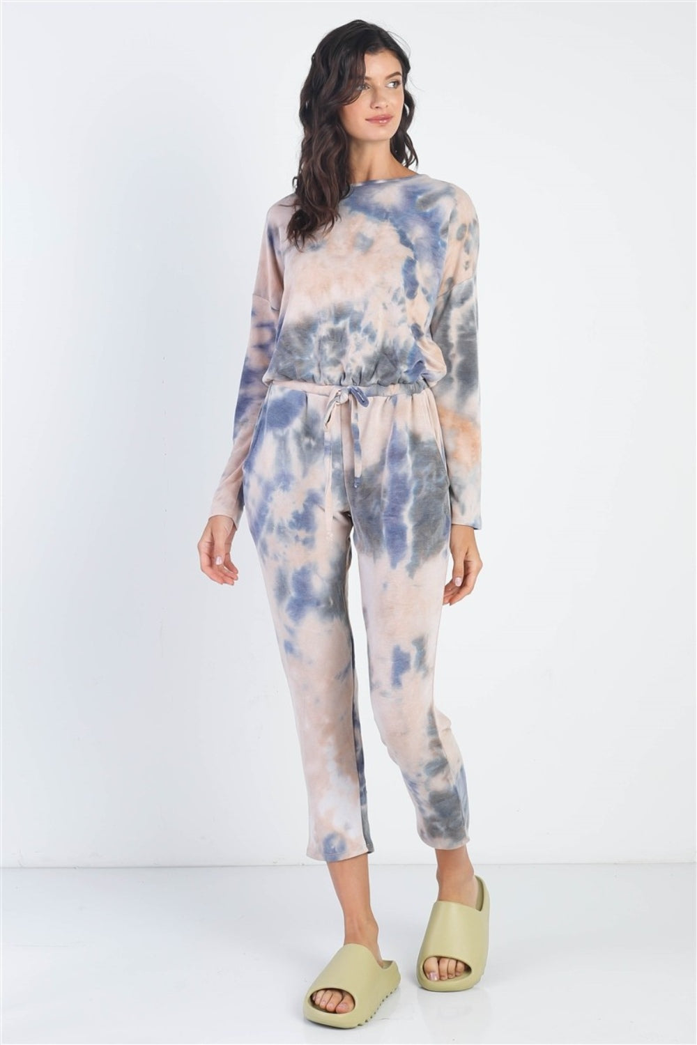 Cherish Apparel Tie-Dye Round Neck Long Sleeve Jumpsuit  Trendsi   