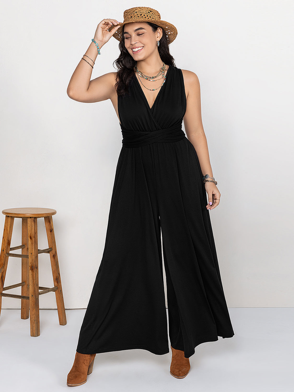 Plus Size V-Neck Wide Leg Jumpsuit  Trendsi   