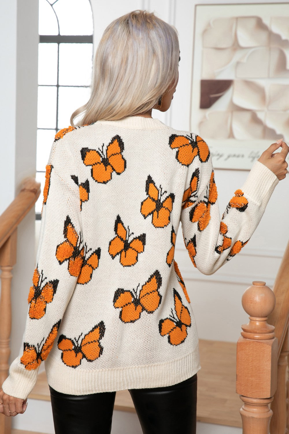 Butterfly Round Neck Long Sleeve Sweater  Trendsi   