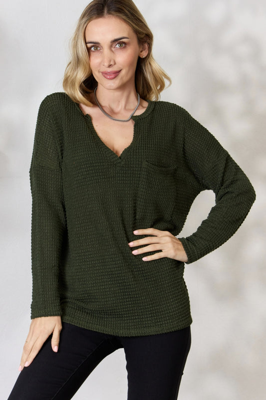 BiBi Notched Popcorn Waffle Long Sleeve Top Blouse Trendsi Olive S 