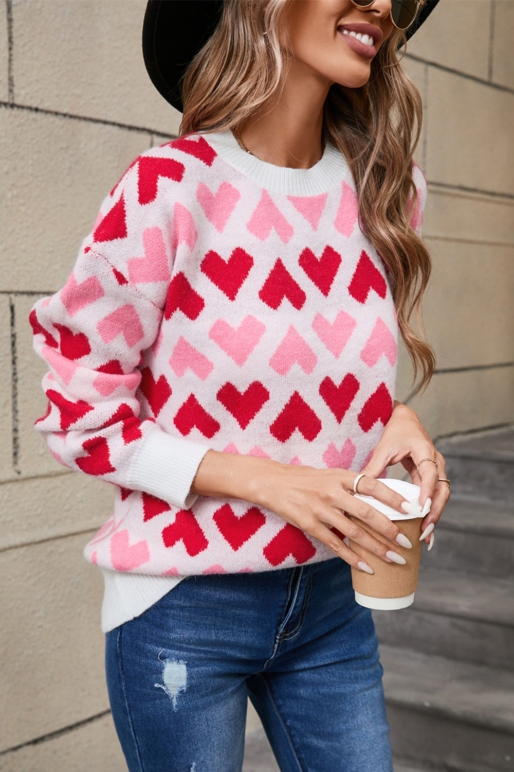 Angel Wings Contrast Heart Round Neck Sweater  Trendsi   