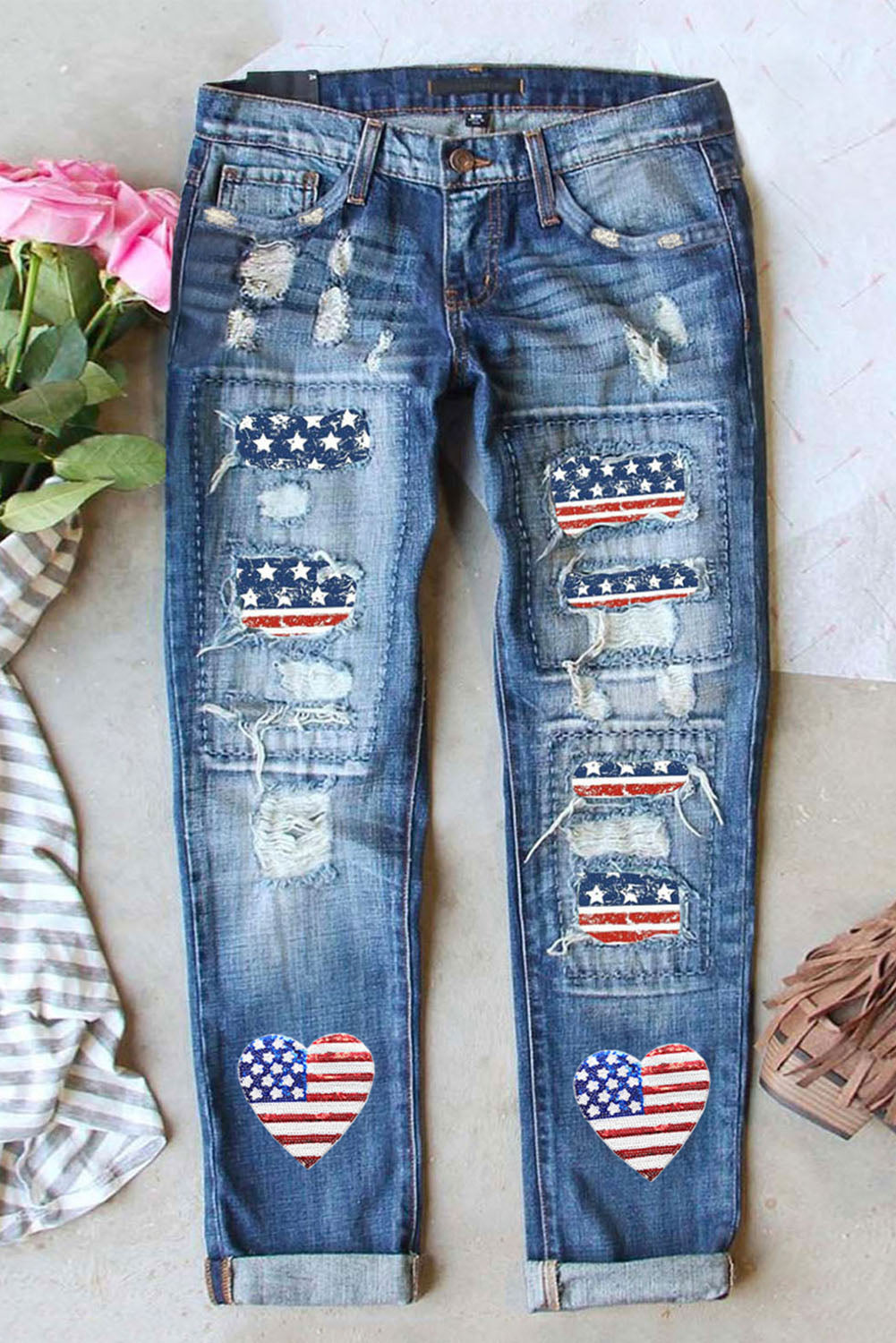 US Flag Distressed Straight Jeans  Trendsi   