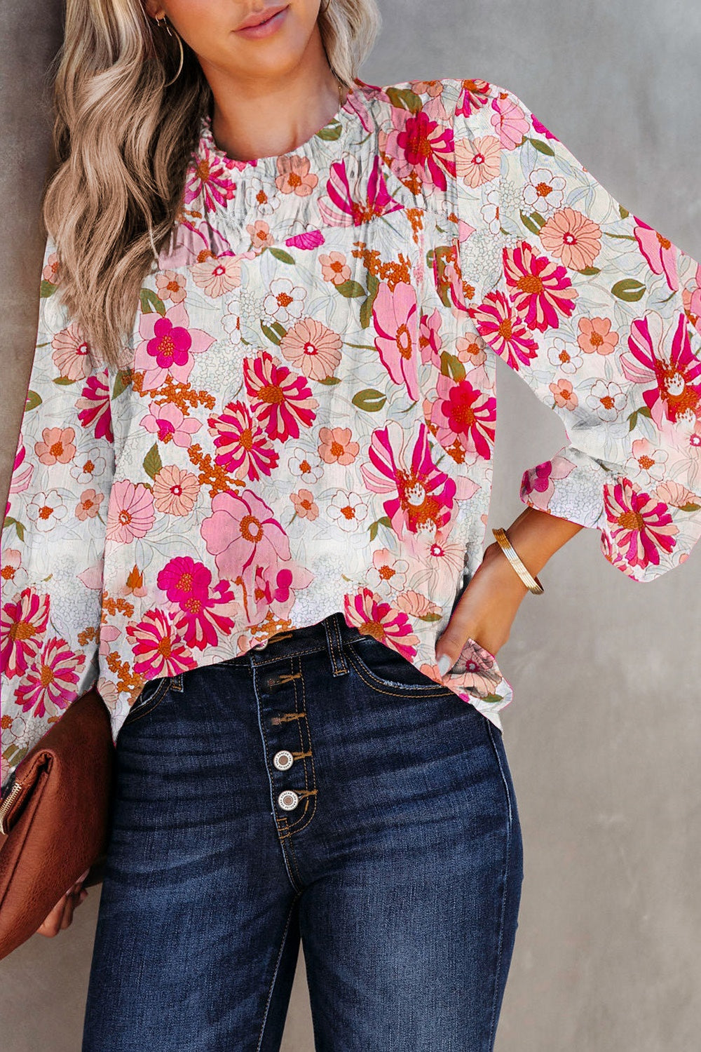 Floral Round Neck Balloon Sleeve Blouse Blouse Trendsi Floral S 