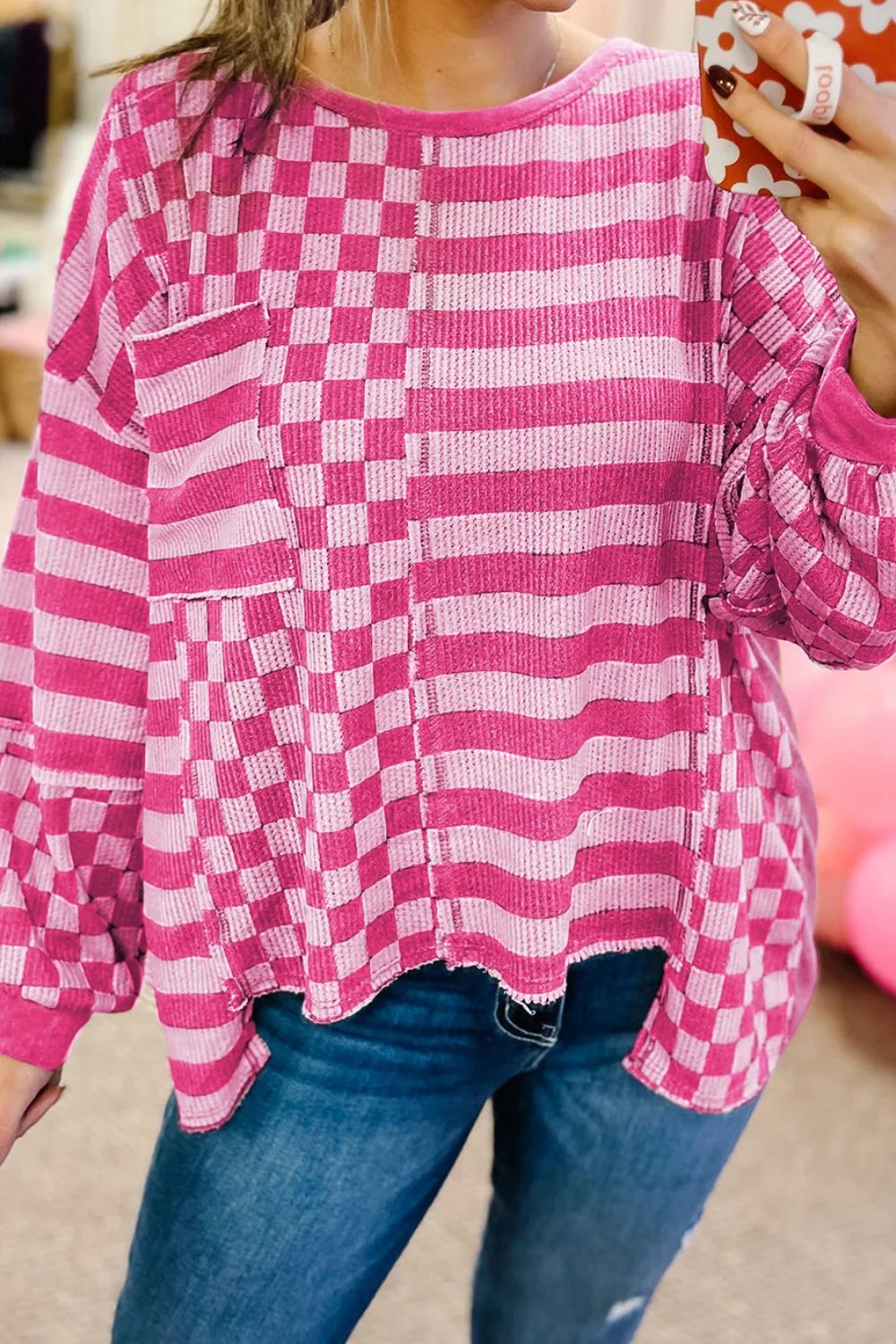 Checker & Stripes Round Neck Long Sleeve Blouse  Trendsi Hot Pink S 