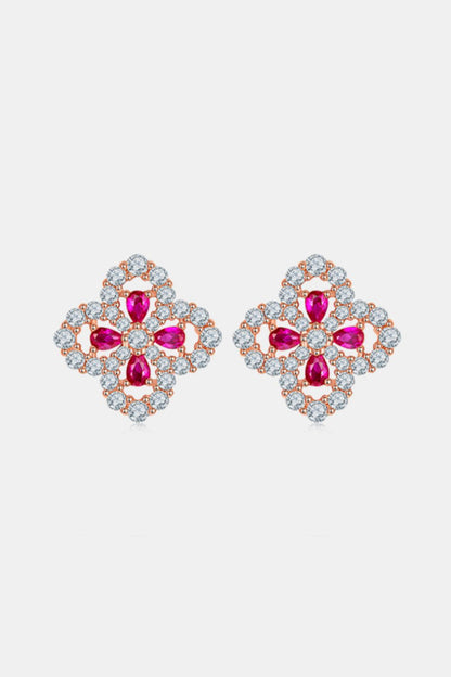 925 Sterling Silver Lab-Grown Ruby Flower Shape Stud Earrings  Trendsi Silver One Size 